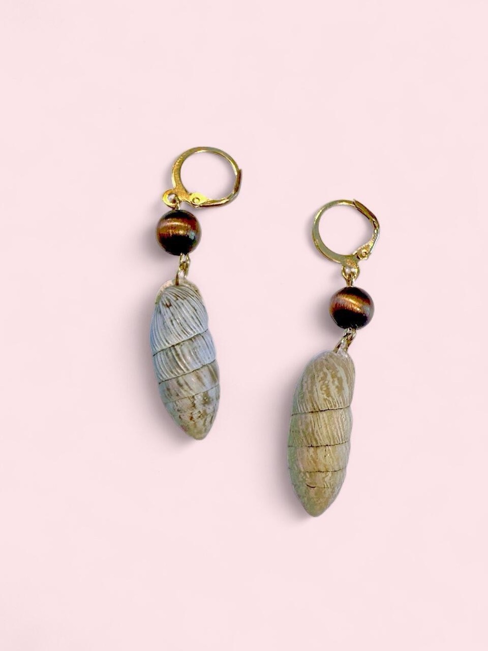 Handmade Gold Hoop Earrings with Natural Beige Genuine Shell Drops